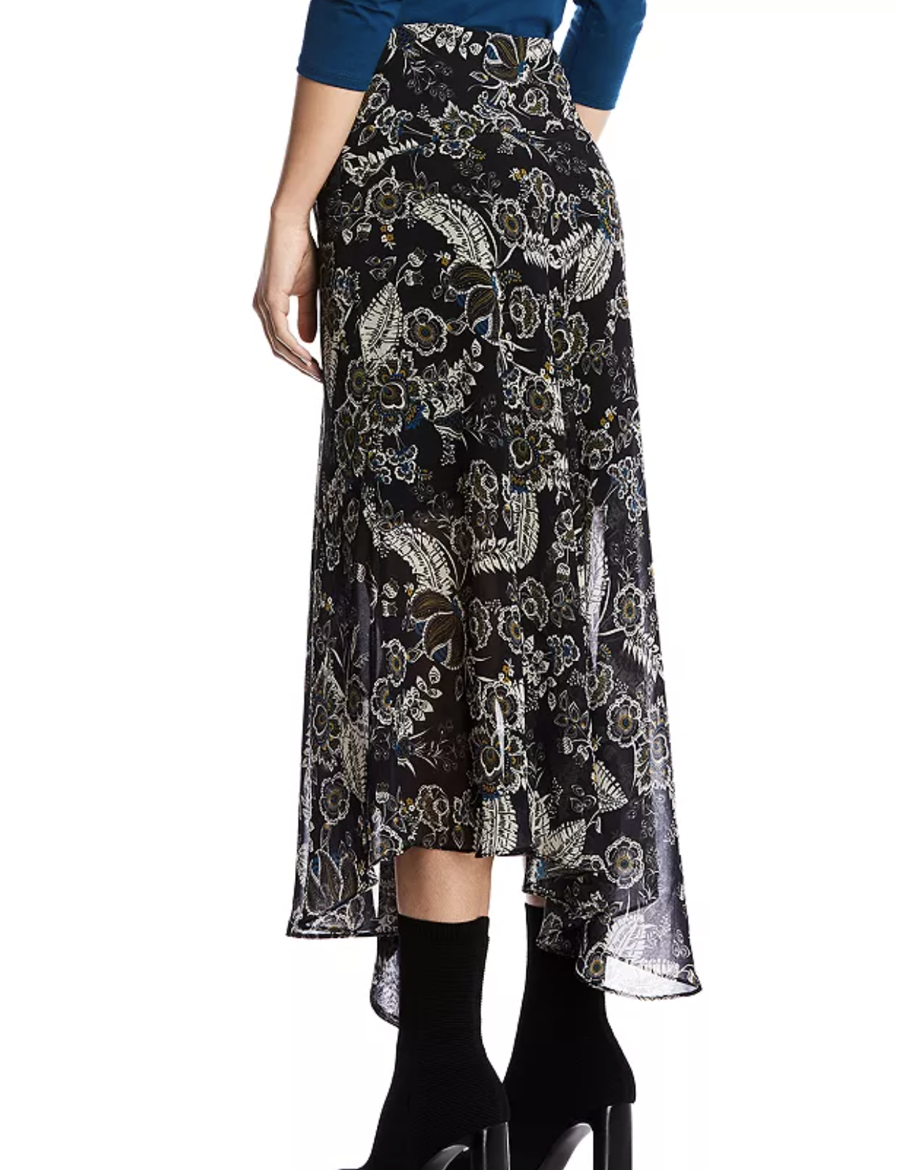 Bailey 44 Josephine Black Floral Print Asymmetric Hem Midi Skirt Size M Boho