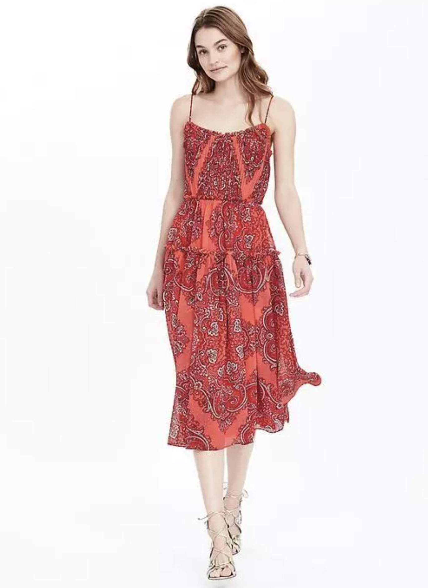 Banana Republic Coral Red Paisley Print Strappy Tiered Midi Dress Size 12