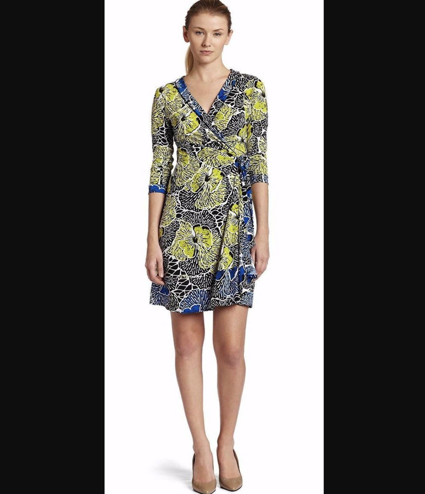 BCBG Max Azria Adele Bold Floral Jersey Wrap Dress Size L Blue Black Yellow