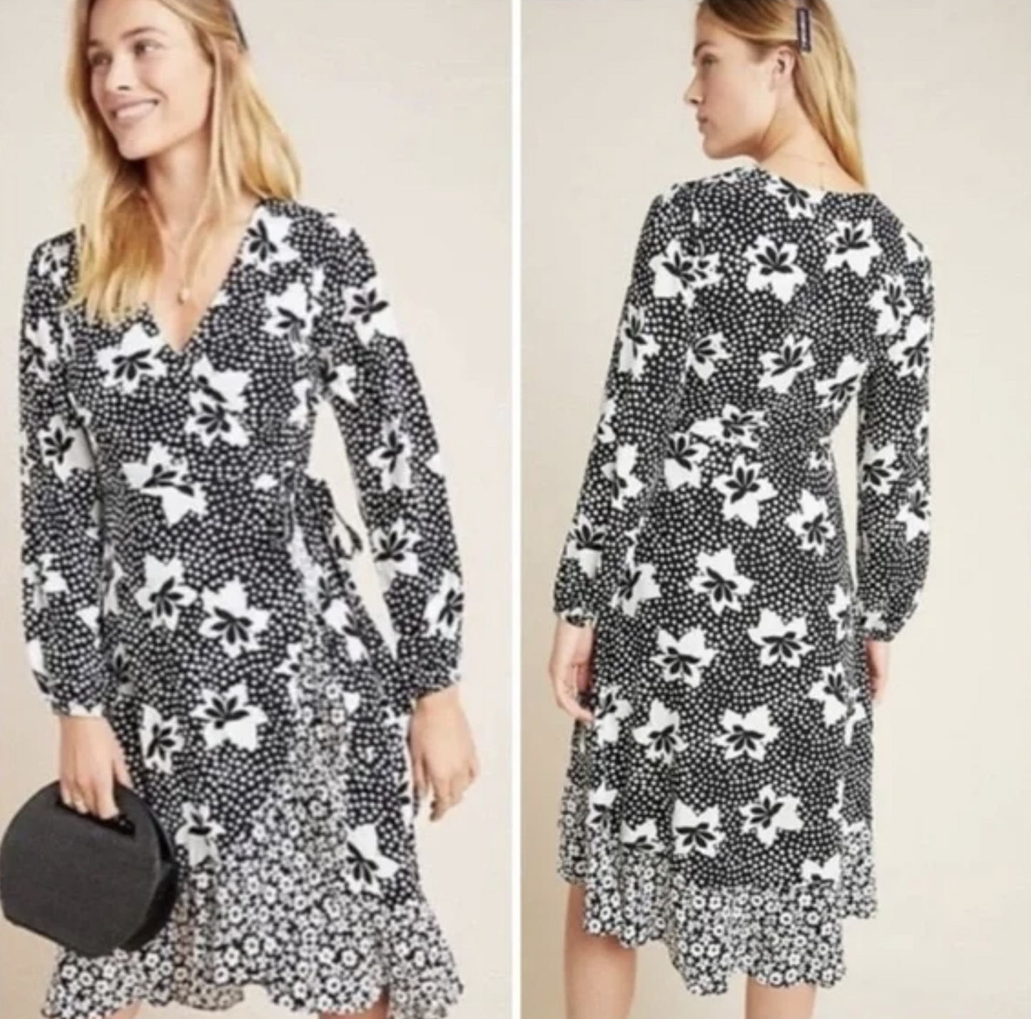 Porridge Anthropologie Amity Black White Floral Ruffle Midi Wrap Dress Hi Lo XS