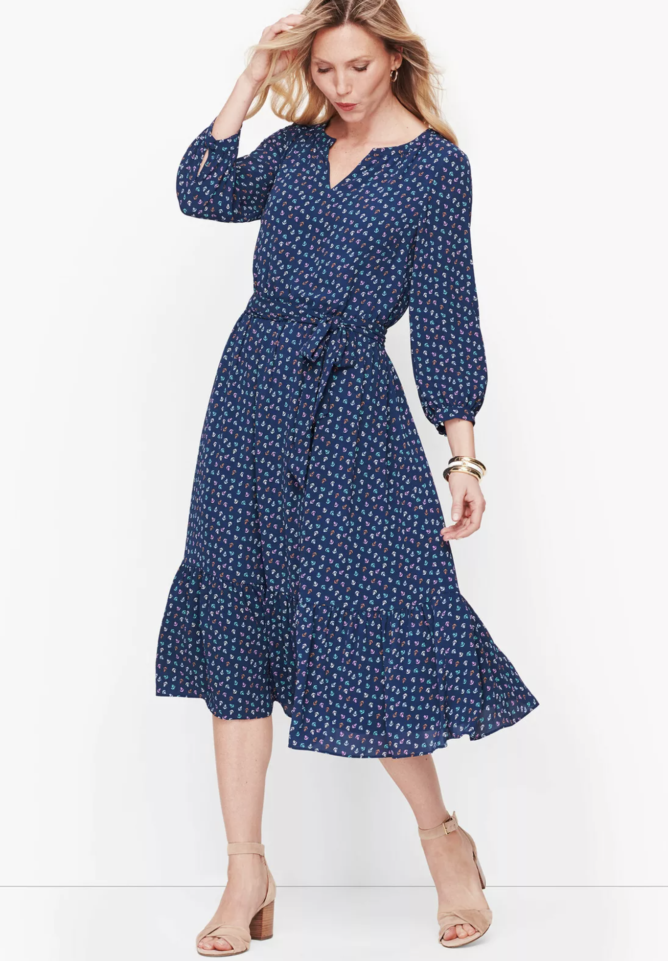 NWT Talbots Navy Blue Nautical Anchor Print Tie Waist Flounce Dress Size 10P