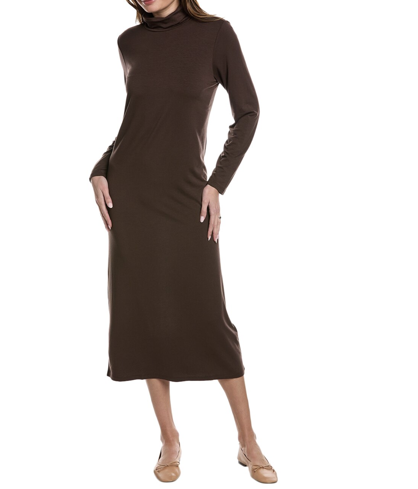NWT Eileen Fisher Brown Viscose Jersey Knit Scrunch Neck Midi Dress Size S