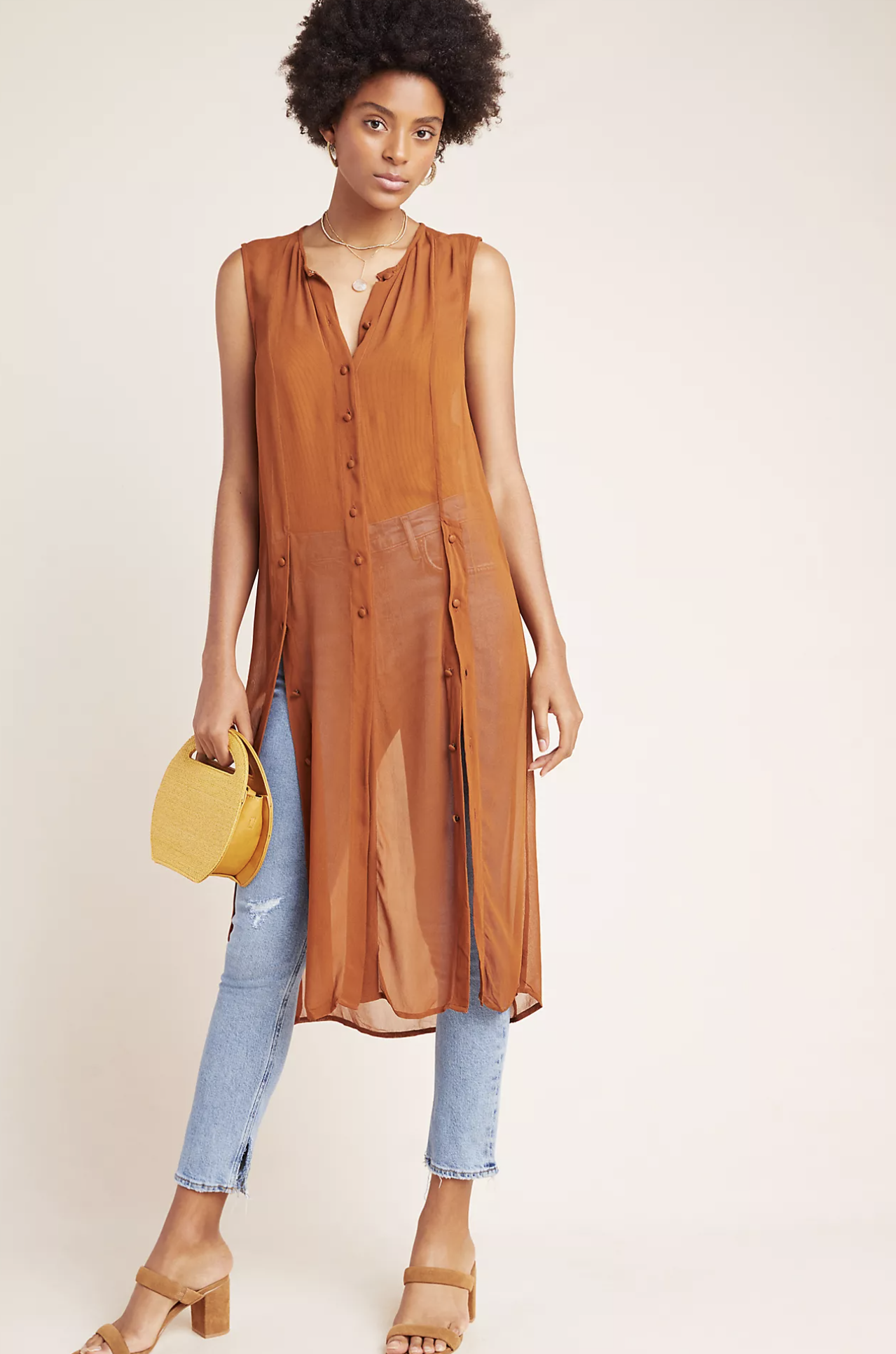 Maeve Anthropologie Meriwether Sheer Button Front Duster Tunic Top Blouse Size 0 Sleeveless