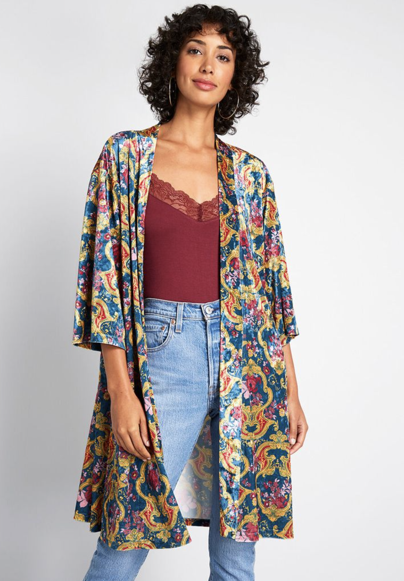 Modcloth Blue Yellow Geometric Print Velvet Open Kimono Style Cardigan 3X / 4X