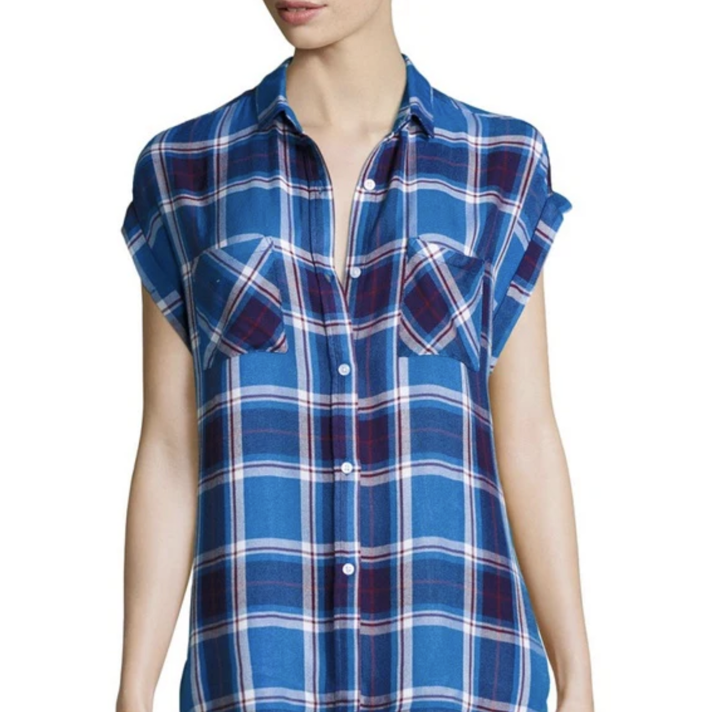 Rails Womens Britt Blue Plaid Short Sleeve Button Front Shirt Blouse Size S