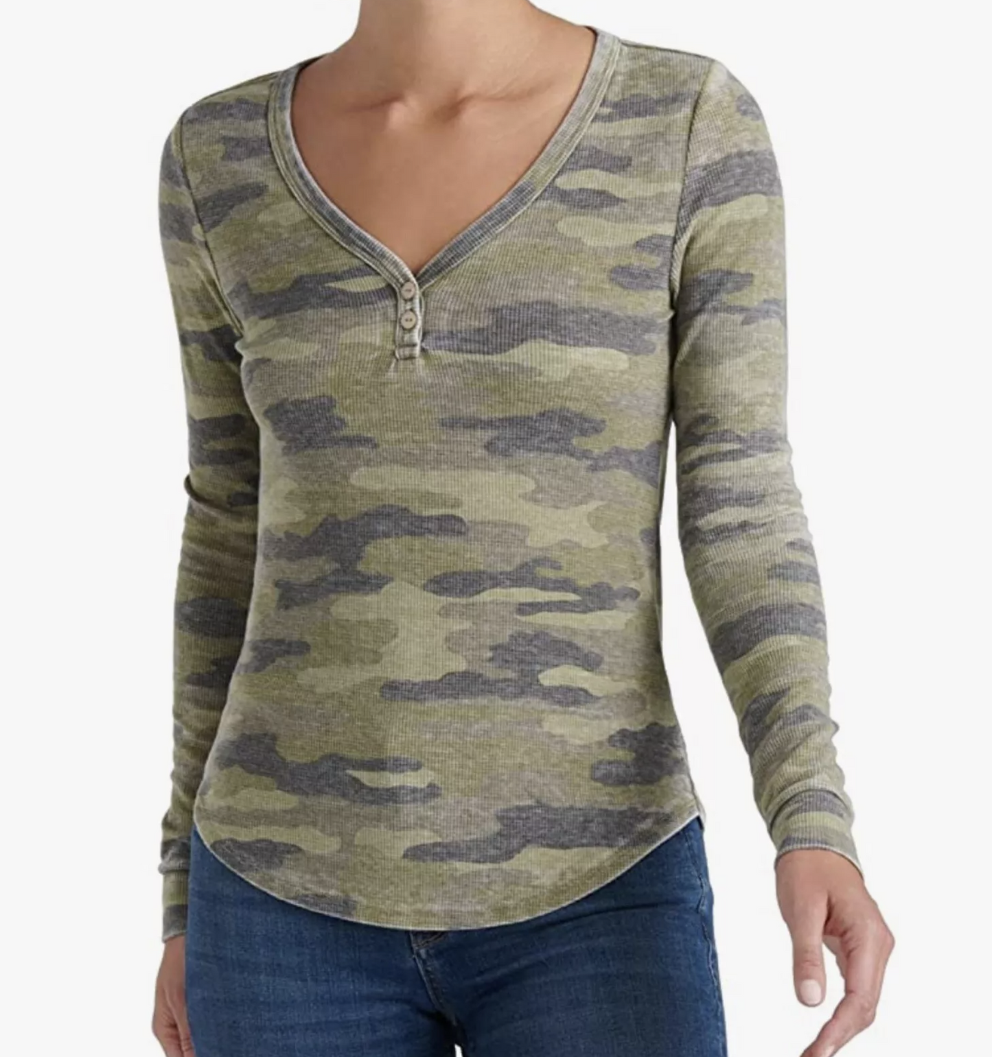 NWT Lucky Brand Green V Neck Camo Camouflage Waffle Knit Henley Top Blouse Sz XS Long Sleeve