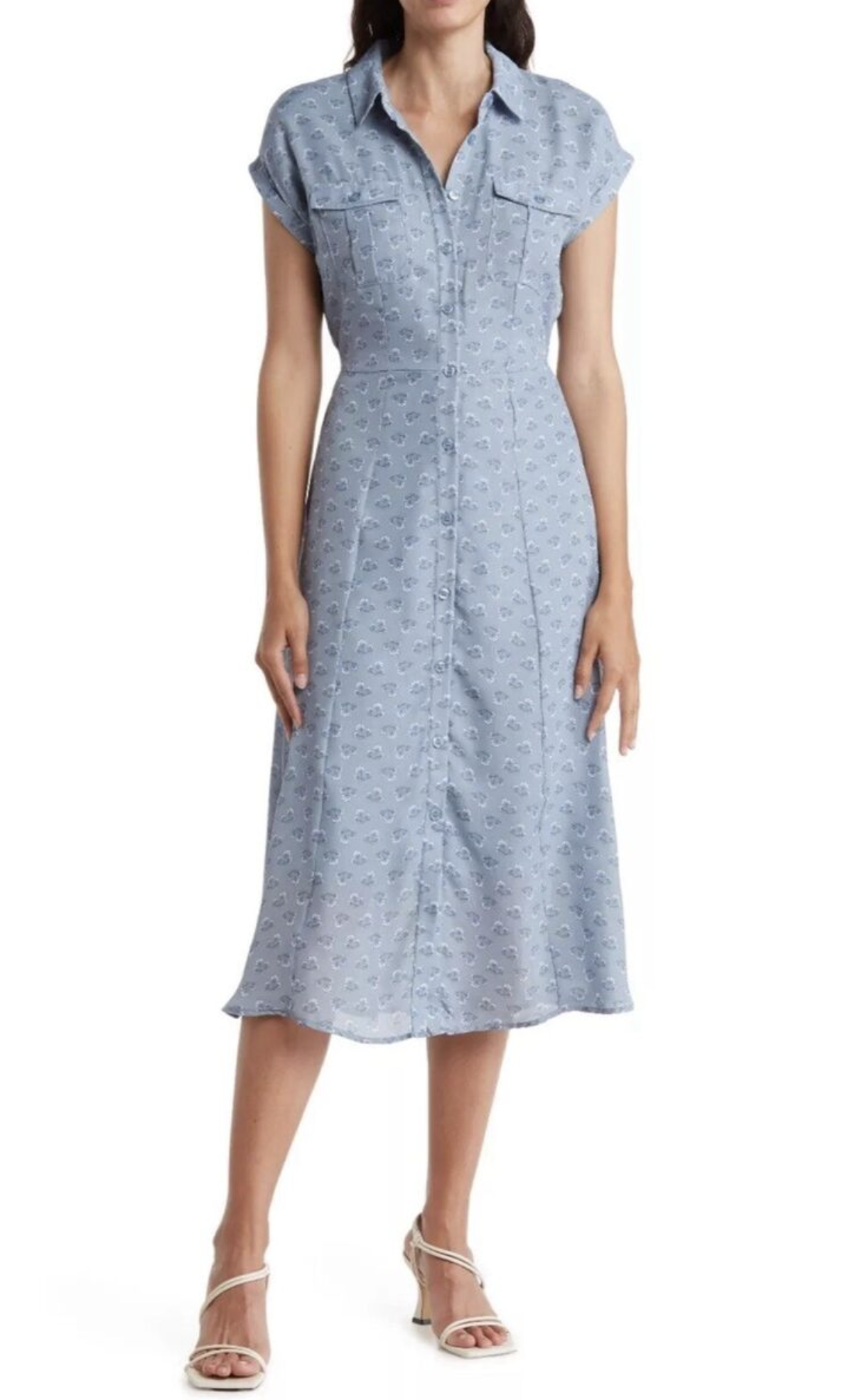 NWT Lucky Brand Womens Dusty Blue Floral Button Front Midi Shirt Dress Size L