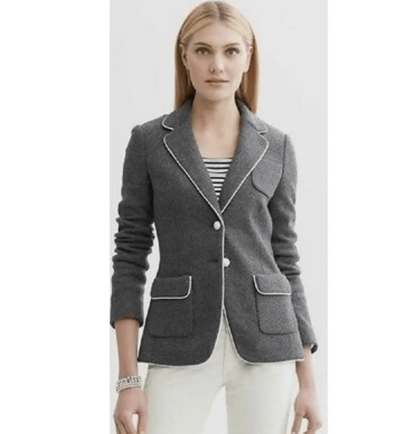 Banana Republic Charcoal Gray White Piped Trim Wool Blend Prep Blazer Jacket 2