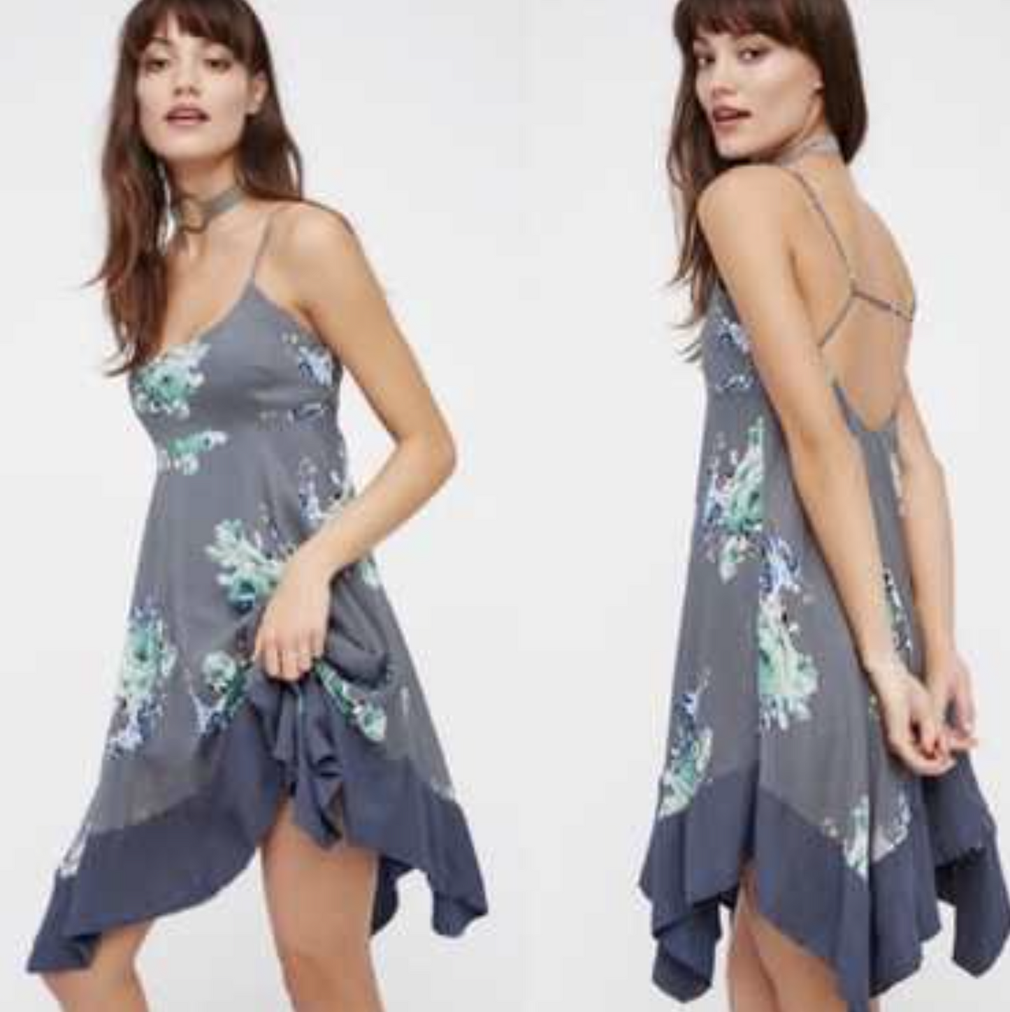 Free People Faded Bloom Gray Floral Asymmetric Handkerchief Hem Slip Dress Sz XS