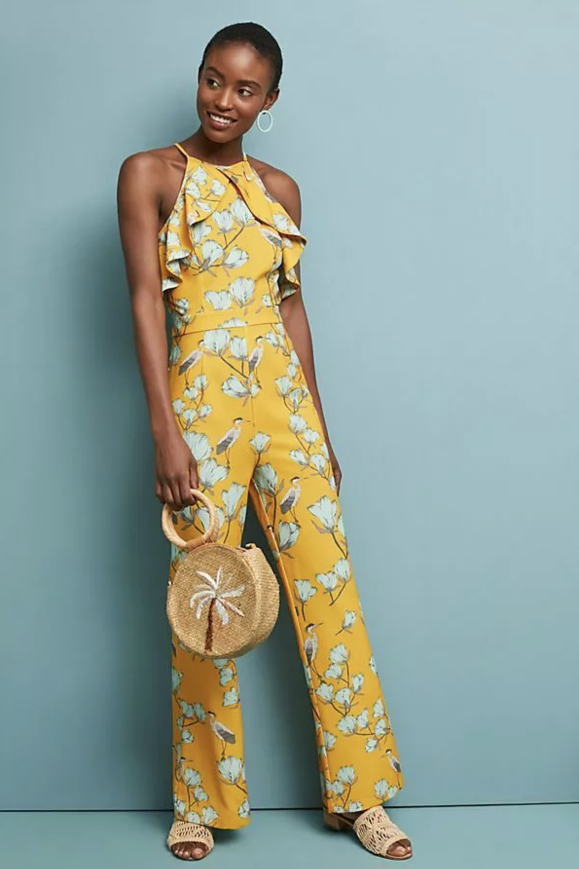 NWT Varun Bahl Anthropologie Warbler Yellow Floral Bird Print Ruffle Jumpsuit 2