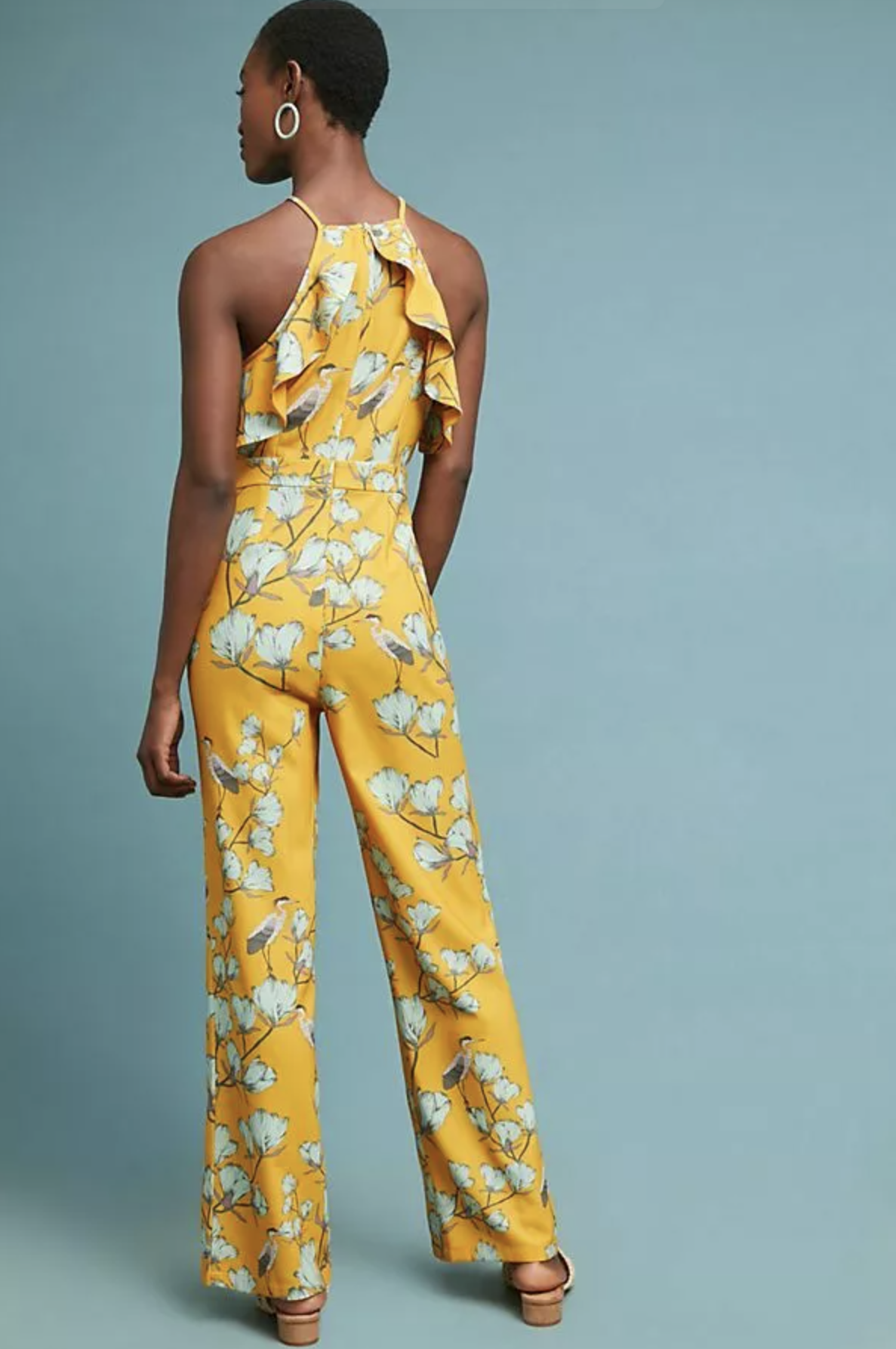 NWT Varun Bahl Anthropologie Warbler Yellow Floral Bird Print Ruffle Jumpsuit 2