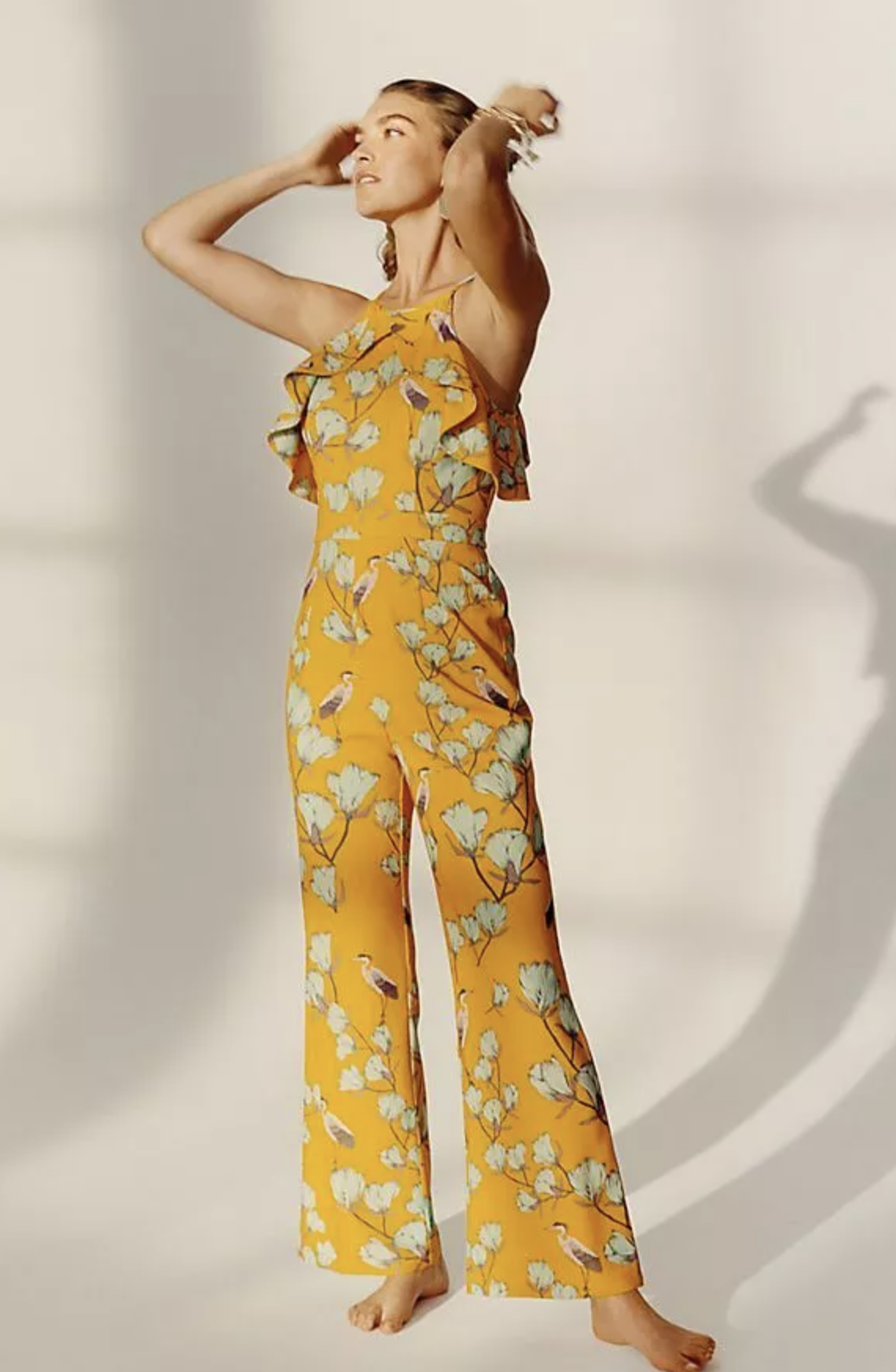 NWT Varun Bahl Anthropologie Warbler Yellow Floral Bird Print Ruffle Jumpsuit 2