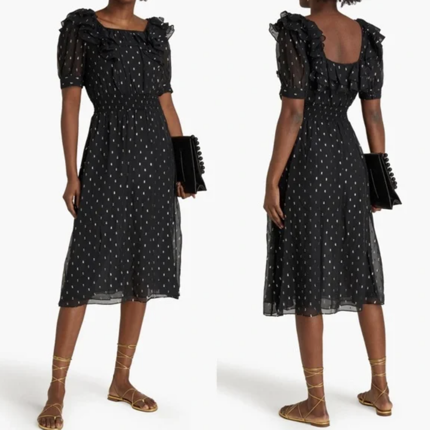 Ba&sh Romeo Black Gold Metallic Ruffle Midi Dress Size 1 / US 4 Silk Ba Sh