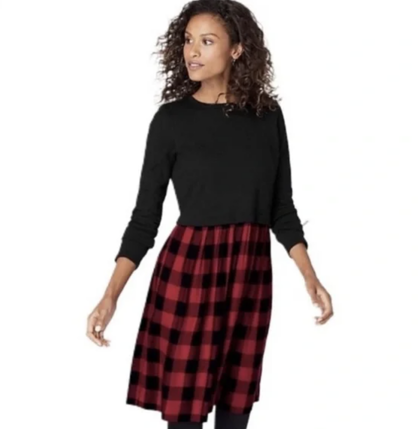 NWT J Jill Womens Black Red Buffalo Plaid Mixed Media Dress Size XS