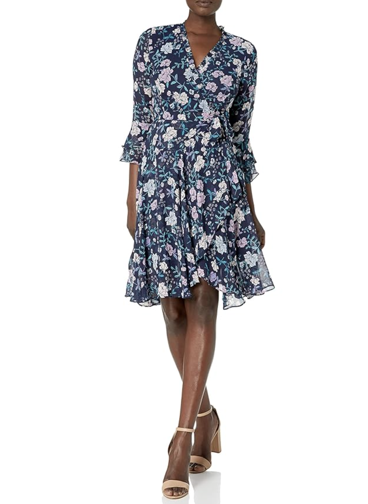 NWT Tahari ASL Levine Navy Blue Floral Tie Waist Faux Wrap Ruffle Dress Size 20W