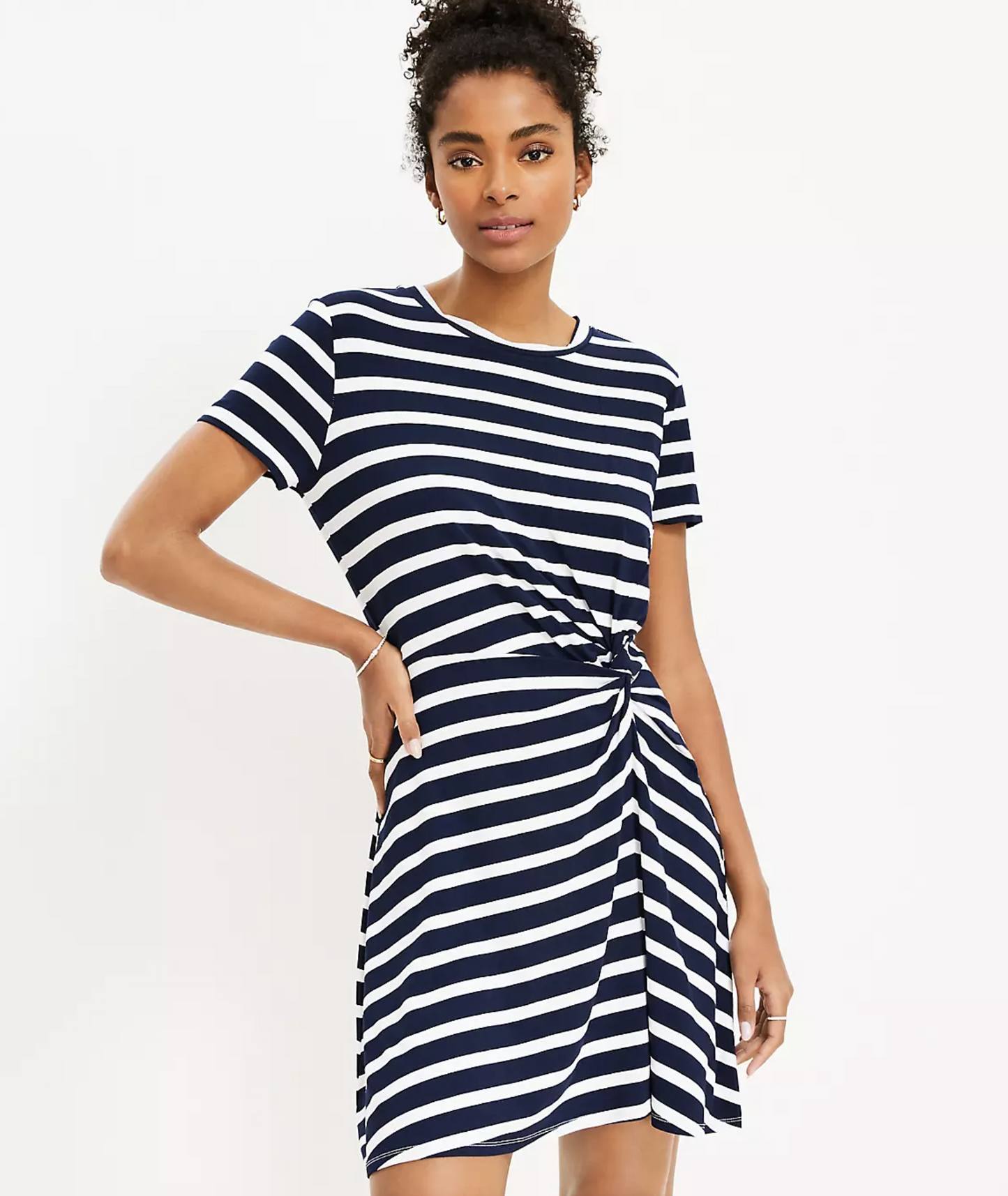 NWT Ann Taylor Loft Navy Blue White Striped Twist Ruched Shift Dress Jersey Sz M