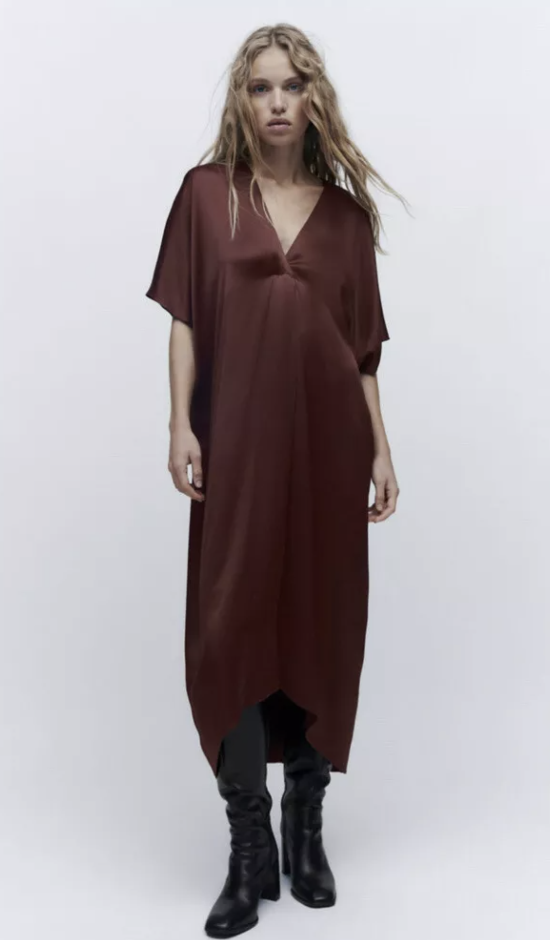 NWT Zara Womens Maroon Satin Effect Kaftan Dress Midi Maxi Size XS / S Boho