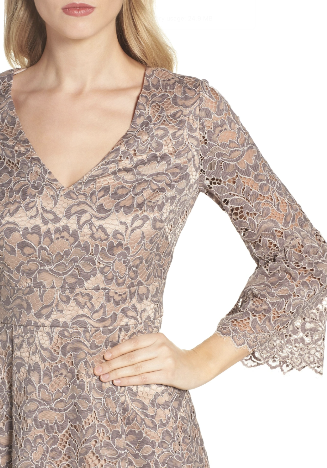 Eliza J Gray Tan Floral Lace Fit and Flare Bell Sleeve Dress Sz 4 Cocktail Party