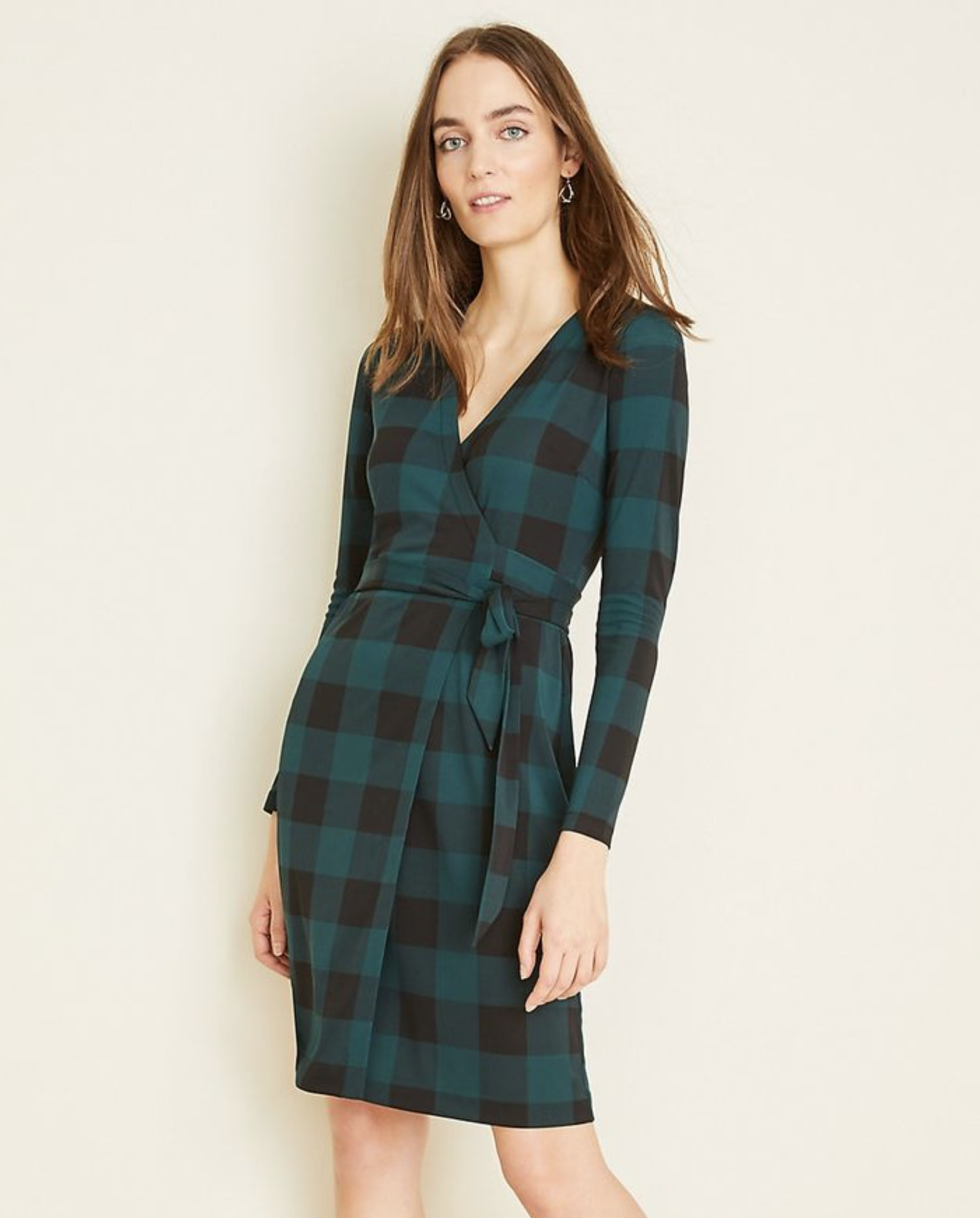 NWT Ann Taylor Green Black Buffalo Plaid Matte Jersey Wrap Dress 6 Long Sleeve