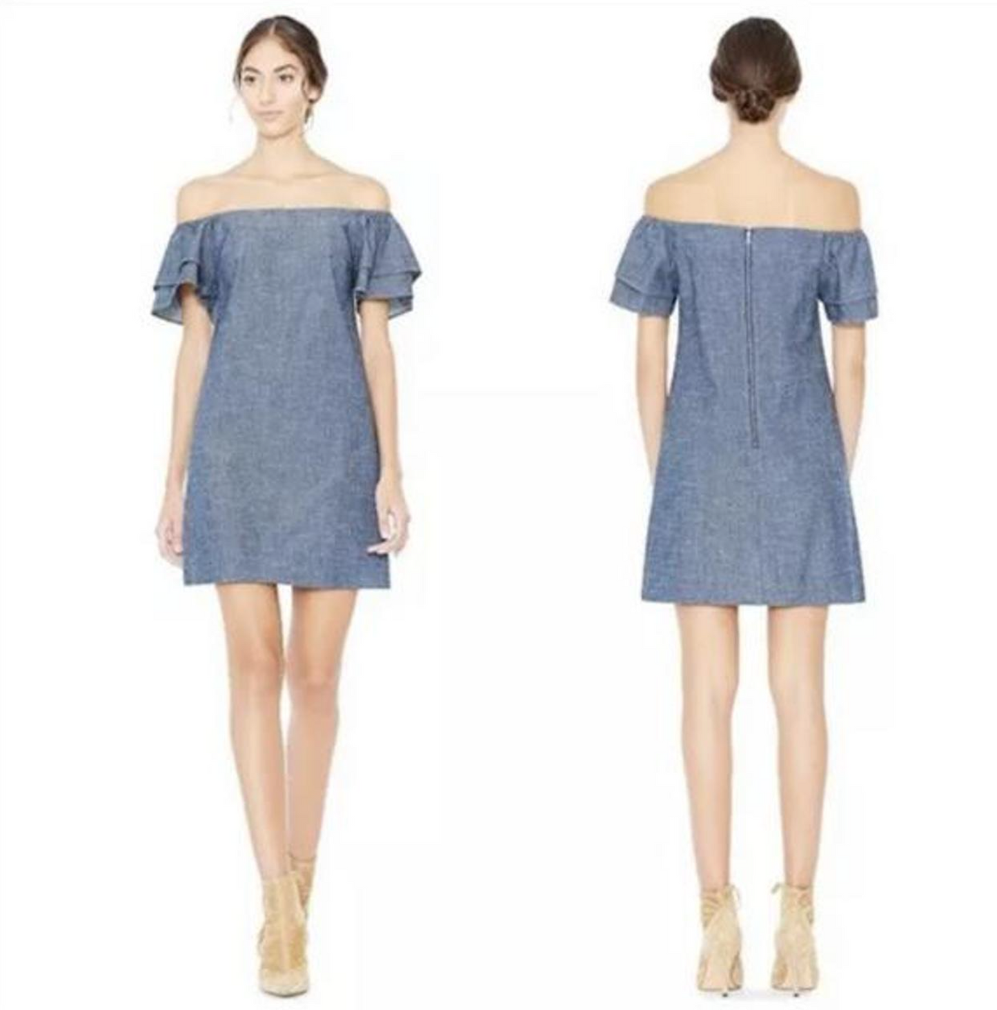 Alice + Olivia Tula Chambray Ruffle Sleeve On / Off Shoulder Mini Dress Linen S