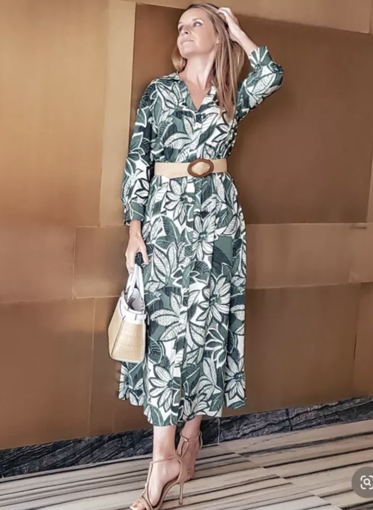 Zara Green Tropical Floral Button Front Tie Waist Midi Shirt Dress Size M Maxi