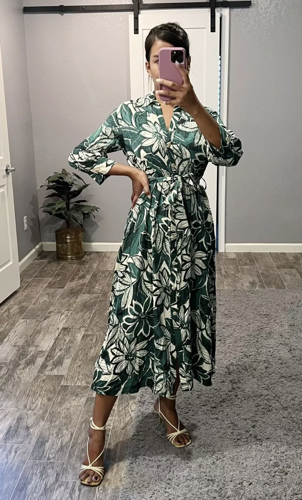 Zara Green Tropical Floral Button Front Tie Waist Midi Shirt Dress Size M Maxi