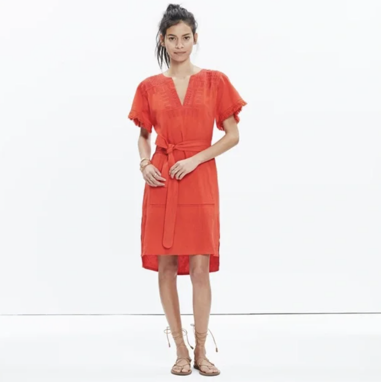 NWT Madewell Red - Orange Linen Tie Waist Embroidered Paradise Dress Sz XXS 2XS