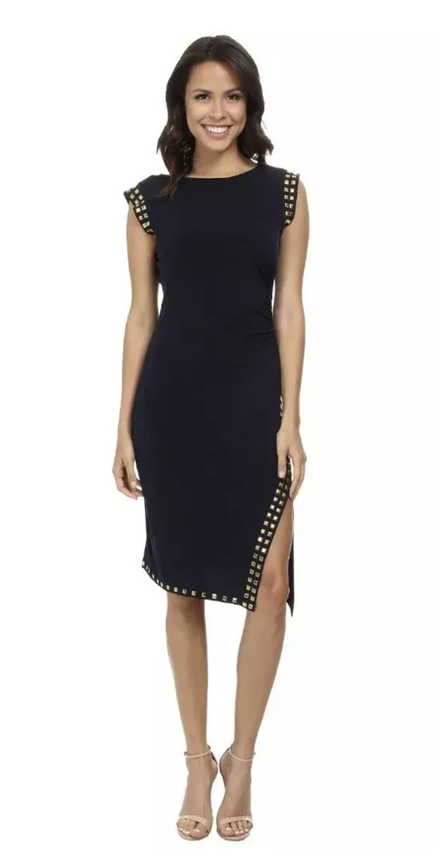 NWT Michael Kors Black Gold Studded Embellished Ruched Slit Jersey Dress PL LP