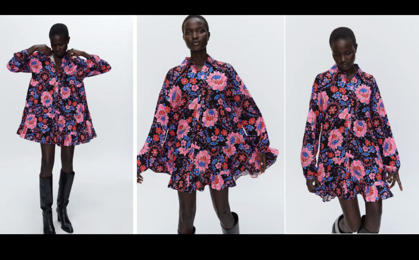 Zara Black Bold Paisley Floral Print Tiered Mini Shift Dress Size L Pink Blue