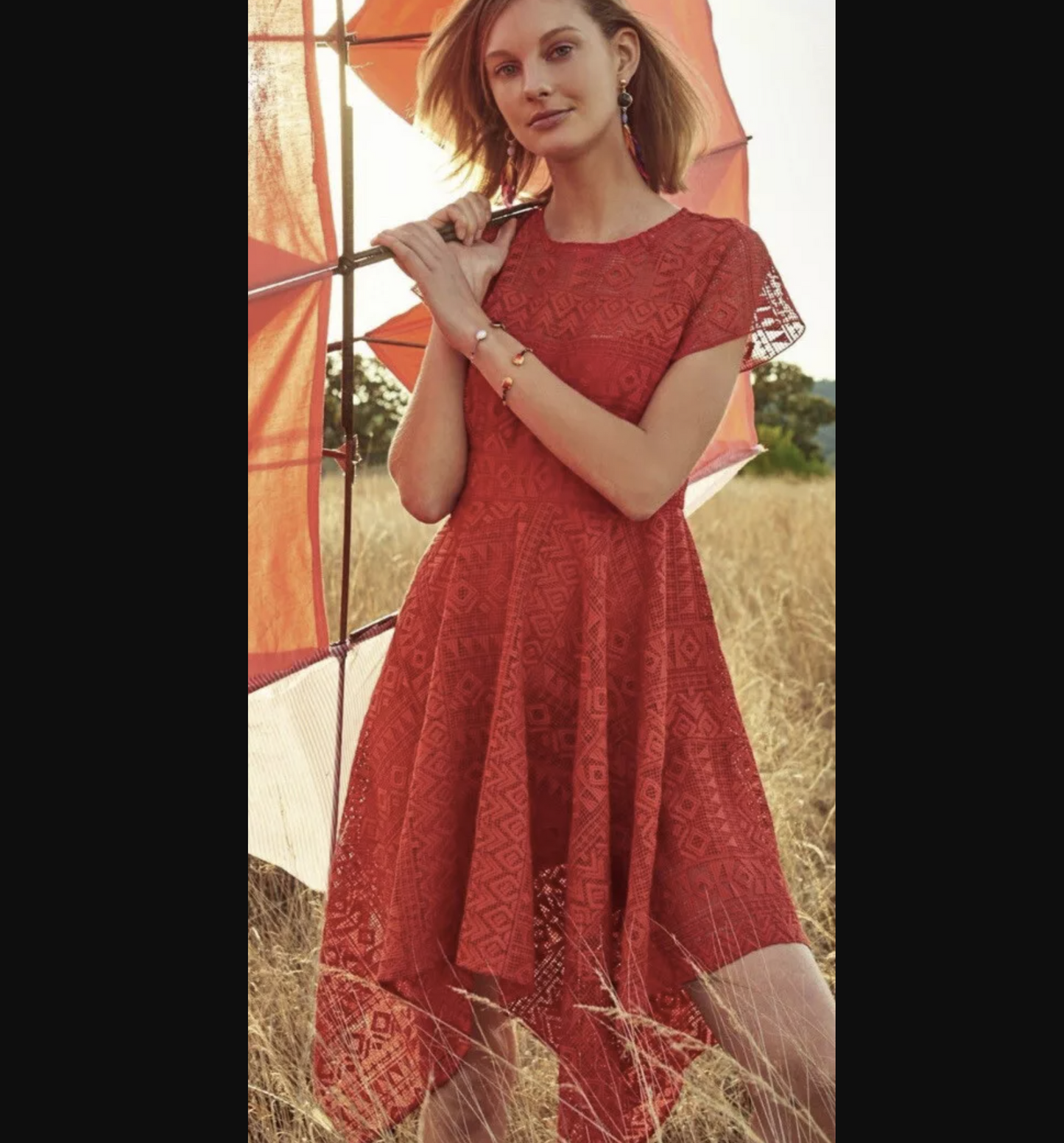 Maeve Anthropologie Prima Lace Asymmetrical Handkerchief Hem Dress Sz 12 Orange