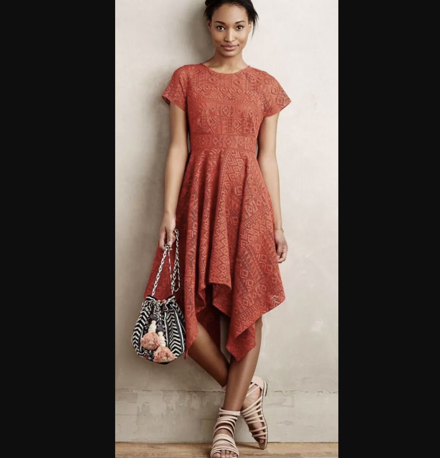 Maeve Anthropologie Prima Lace Asymmetrical Handkerchief Hem Dress Sz 12 Orange