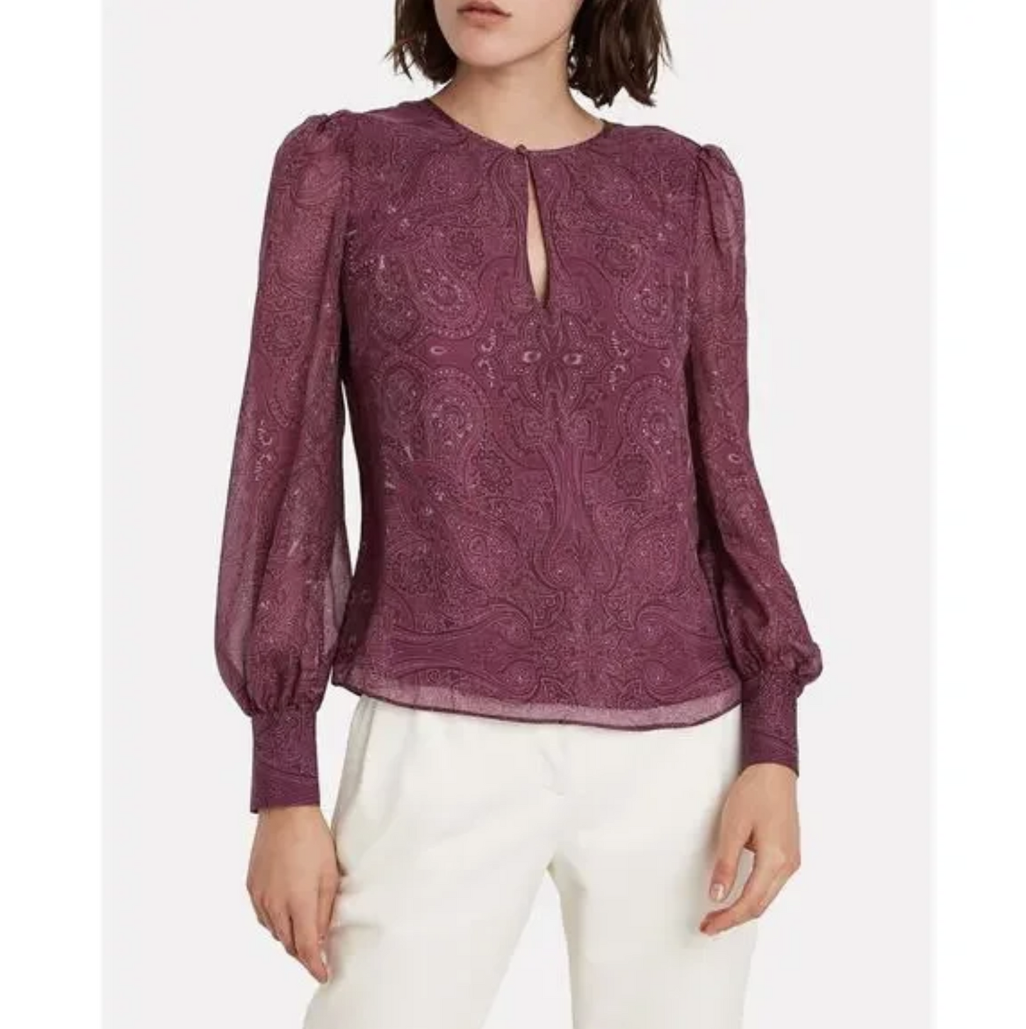 Intermix Kiera Burgundy Silk Paisley Print Keyhole Top Blouse Size S Long Sleeve