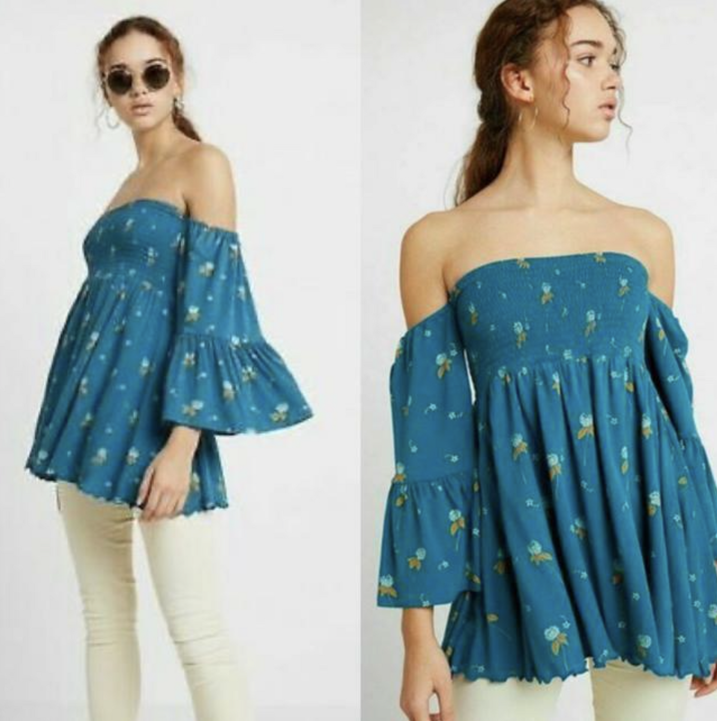 Free People Lana Teal Blue Floral Smocked Off the Shoulder Bell Sleeve Top Sz S