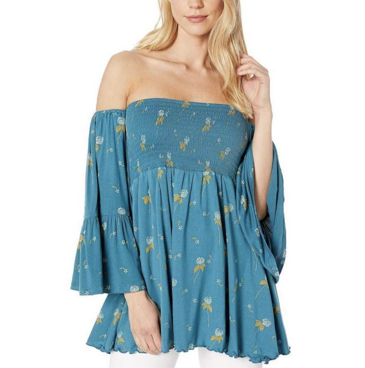 Free People Lana Teal Blue Floral Smocked Off the Shoulder Bell Sleeve Top Sz S