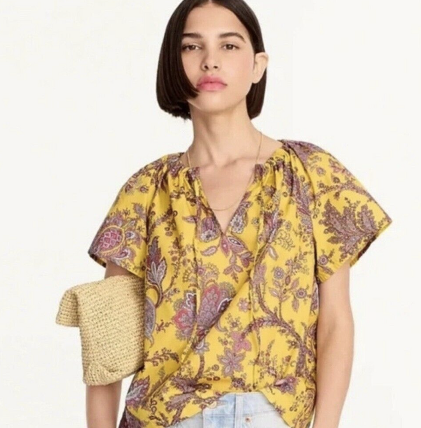 J Crew Collection Yellow Tie Neck Top in Poplin Top Ratti Golden Paisley Size M