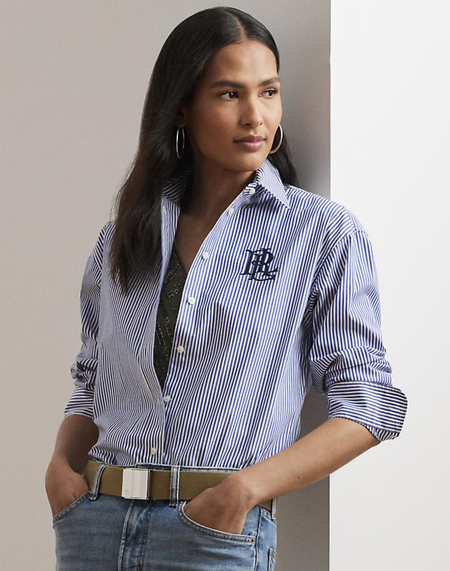 Lauren Ralph Lauren Blue Striped Logo Crest Embroidered Button Down Shirt PS SP