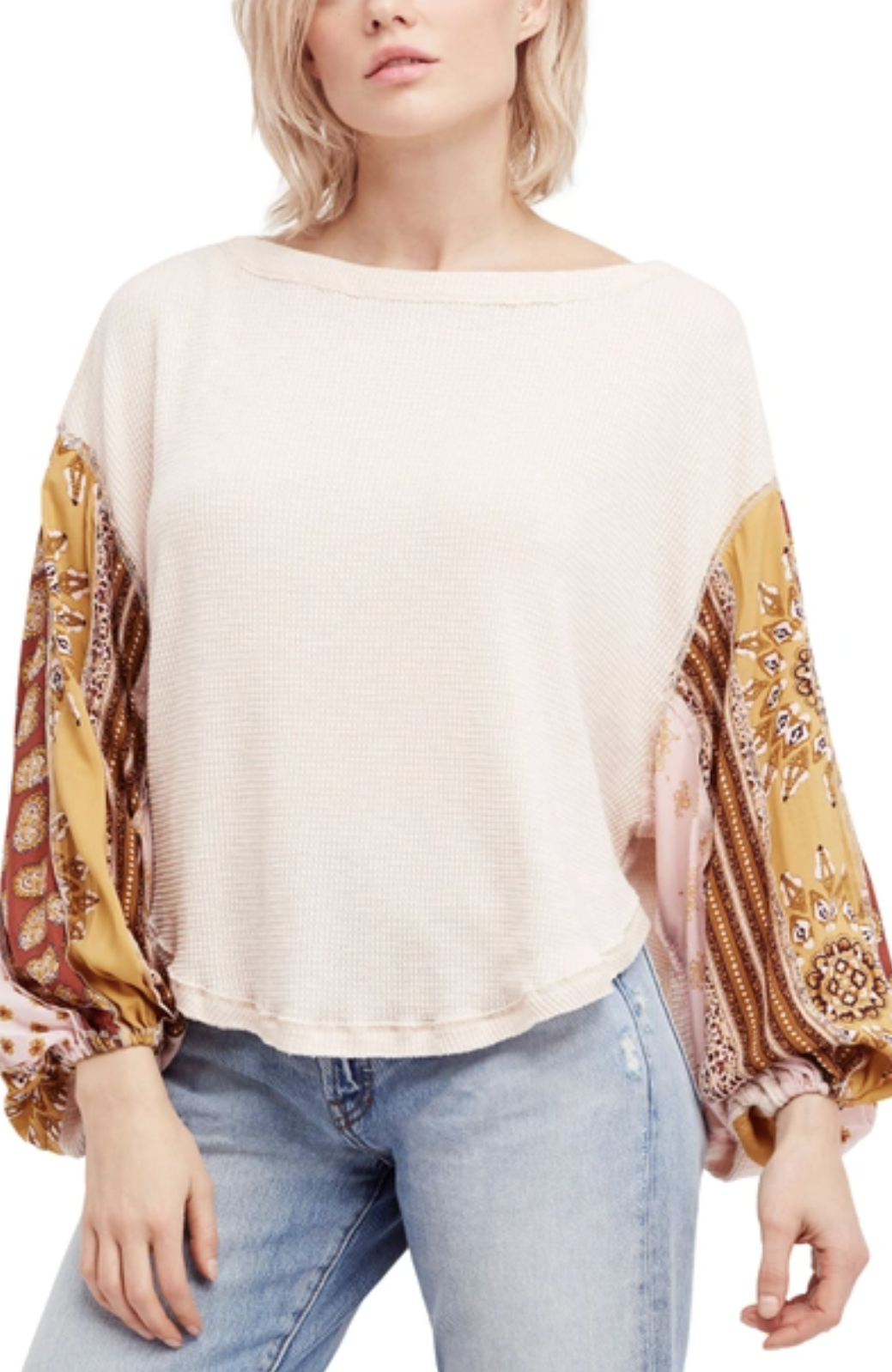 We the Free Free People Blossom Thermal in Rose Size S Patchwork Balloon Sleeve