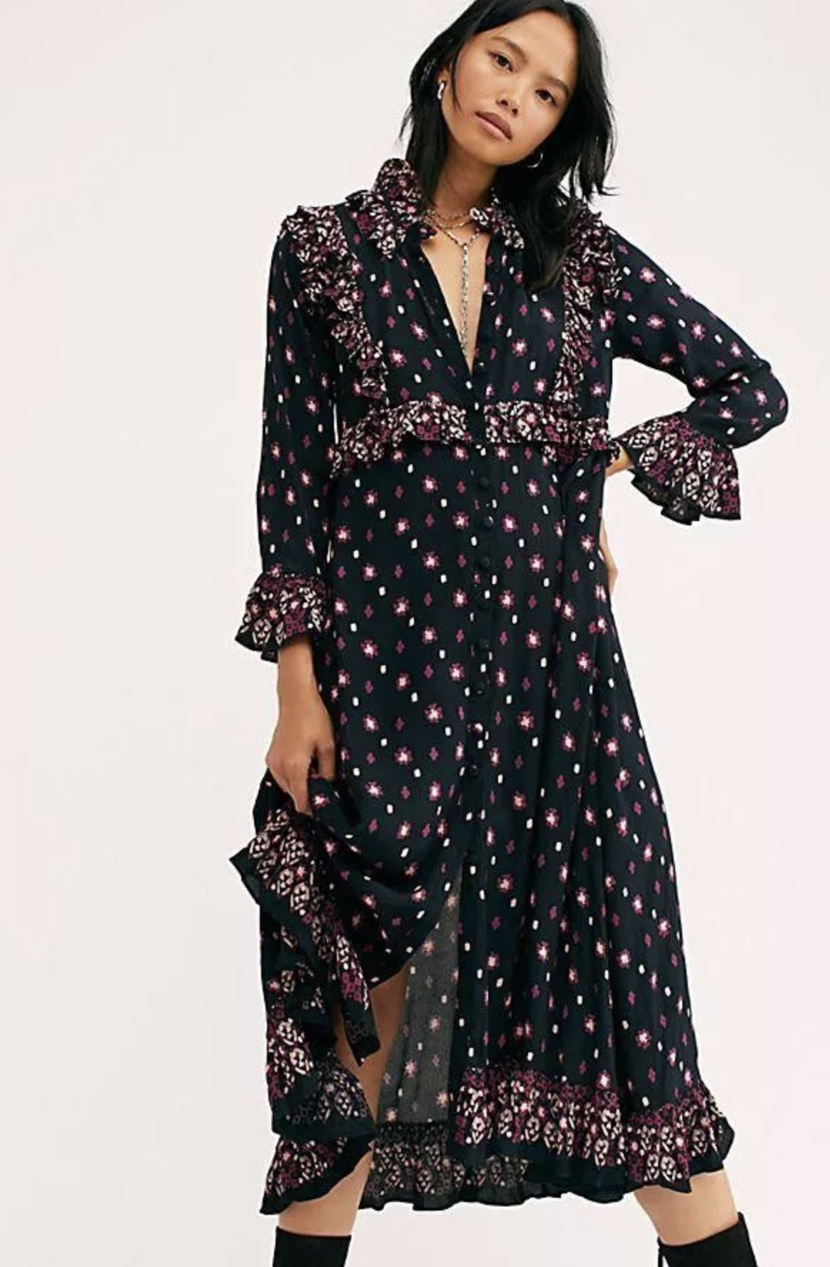 Free People Calico Skies Black Floral Ruffle Midi Maxi Dress Size S Peasant