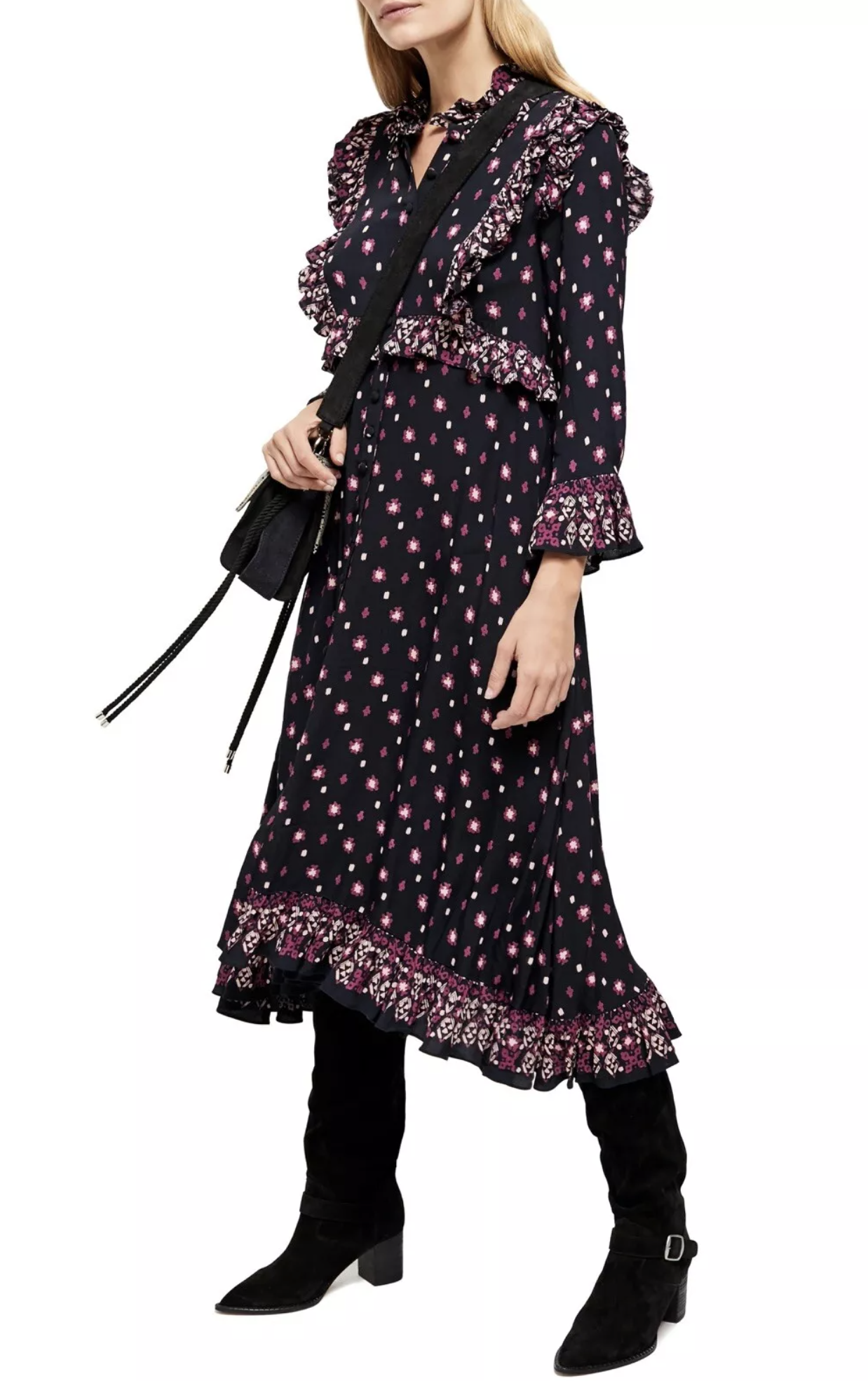 Free People Calico Skies Black Floral Ruffle Midi Maxi Dress Size S Peasant