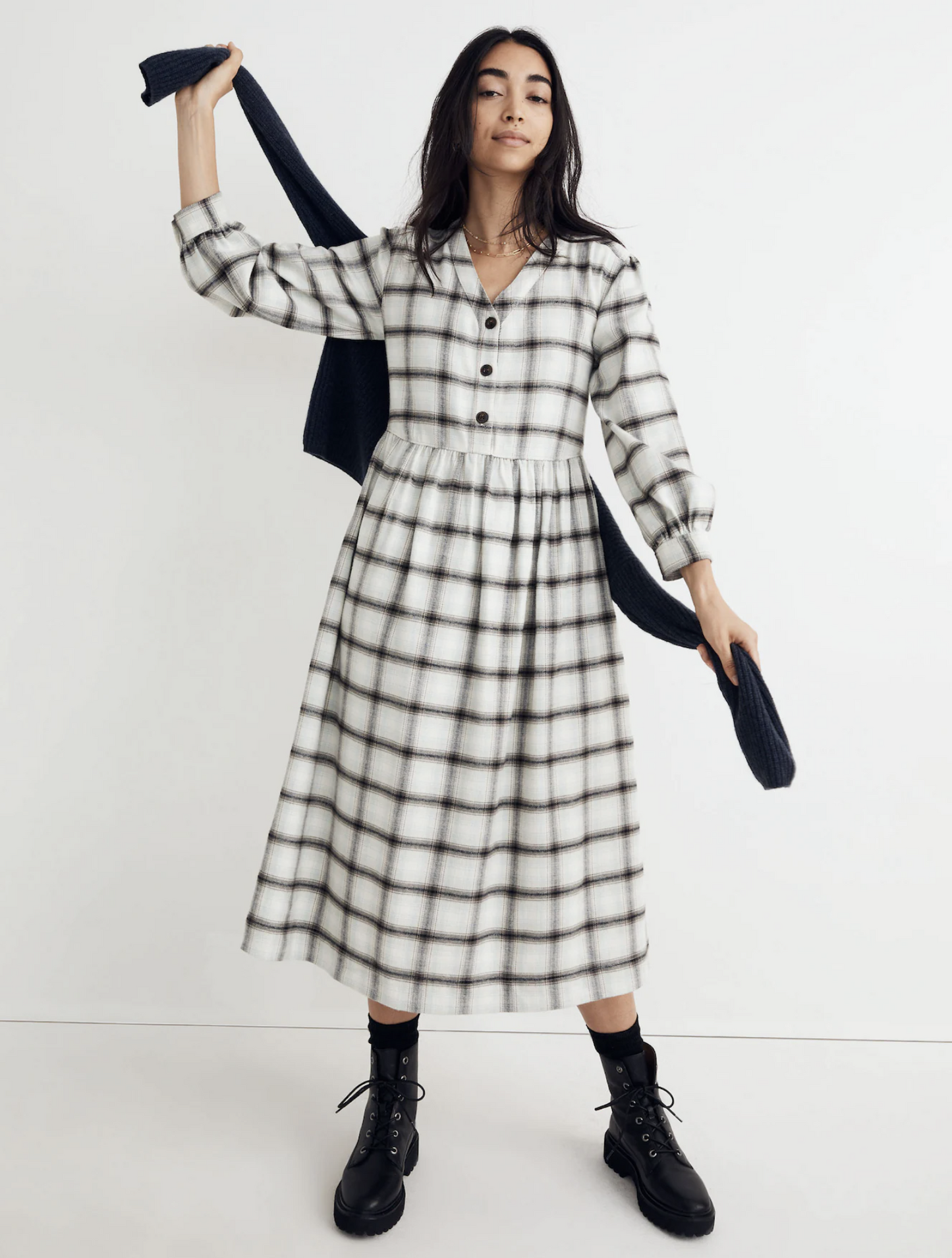 Madewell Plaid Flannel Knit Button Accent Midi Dress Size 2 Gray Mint V Neck