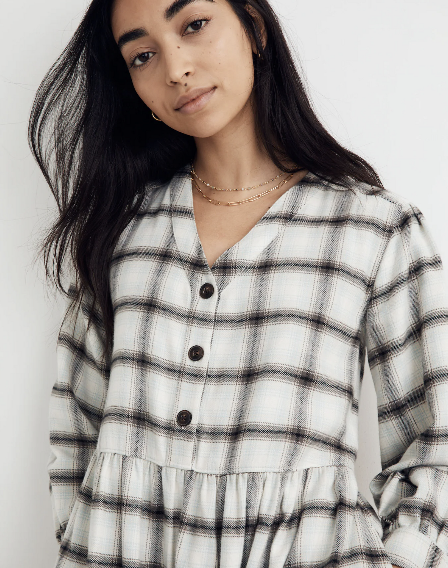 Madewell Plaid Flannel Knit Button Accent Midi Dress Size 2 Gray Mint V Neck