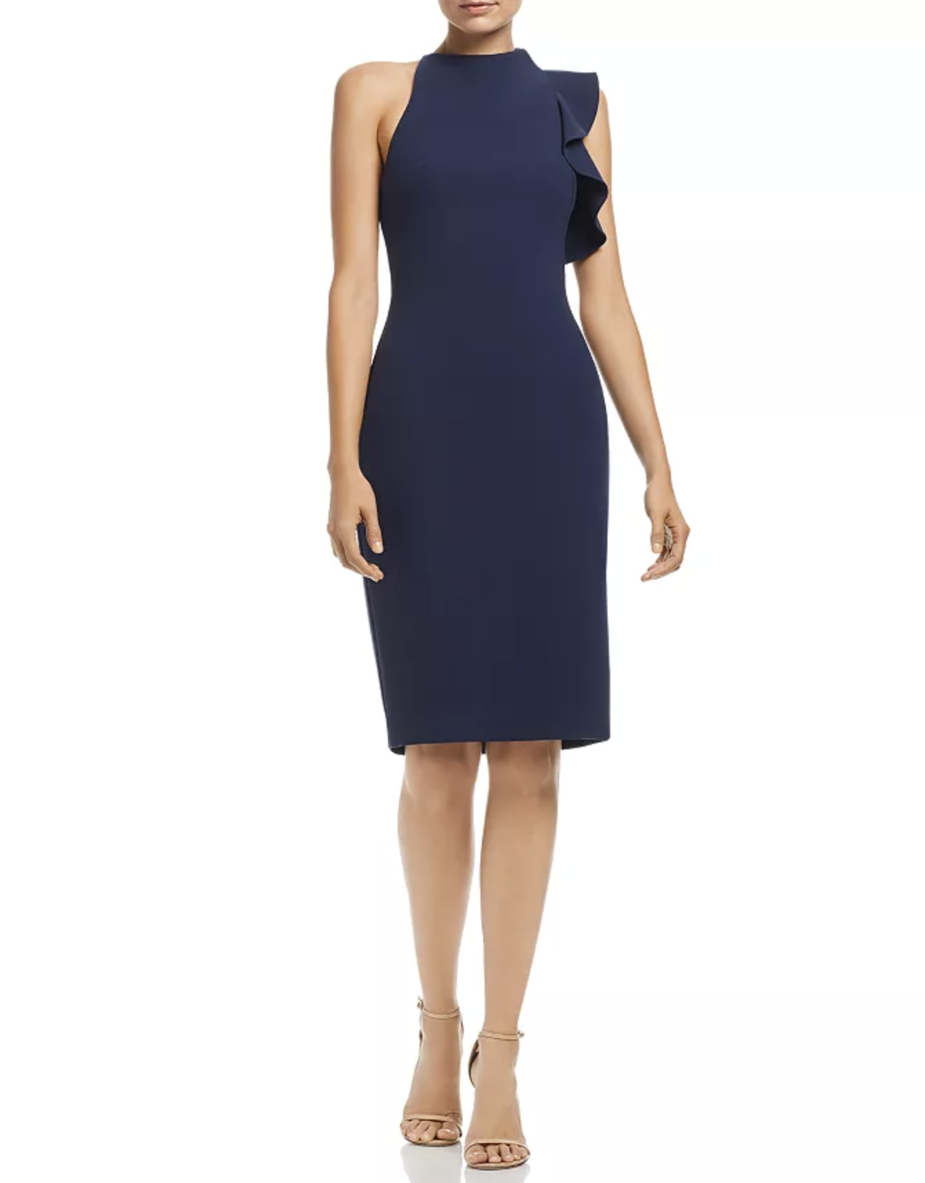 Black Halo Pabla Navy Blue Asymmetric Ruffle Mock Neck Sheath Dress Sz 12 Career