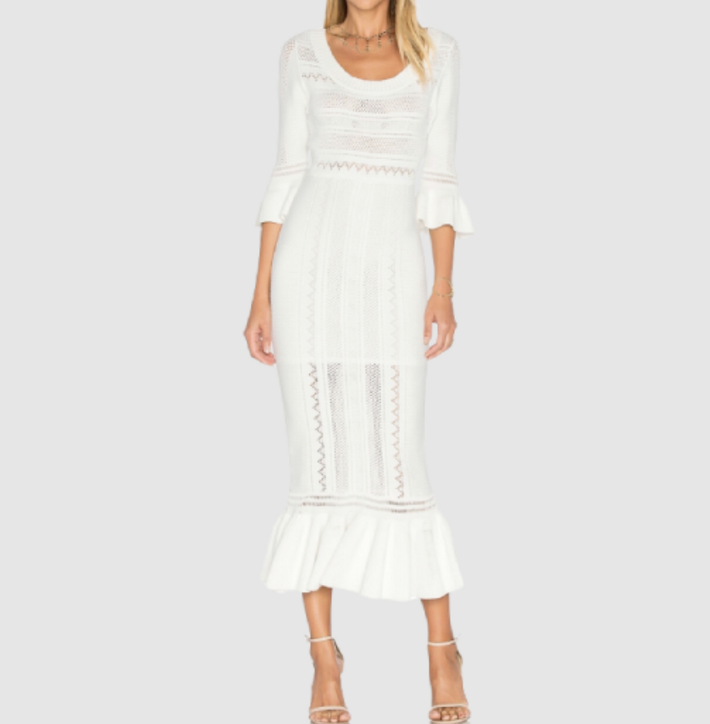 Alice McCall Black Eyelet Structured Knit Ruffle Bodycon Midi Dress Size 4