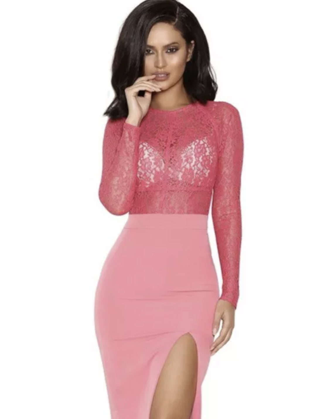 House of CB Pink Metallic Sheer Lace Bodice Bodycon Maxi Dress Size XS Evening