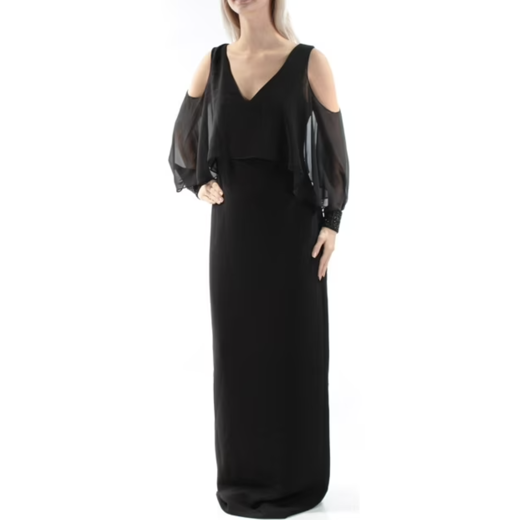 NWT Calvin Klein Black Cold Shoulder Cape Style Sleeve Evening Formal Queen City Resale NWT Calvin Klein Black Cold Shoulder Cape Style Sleeve Evening Formal Queen City Resale