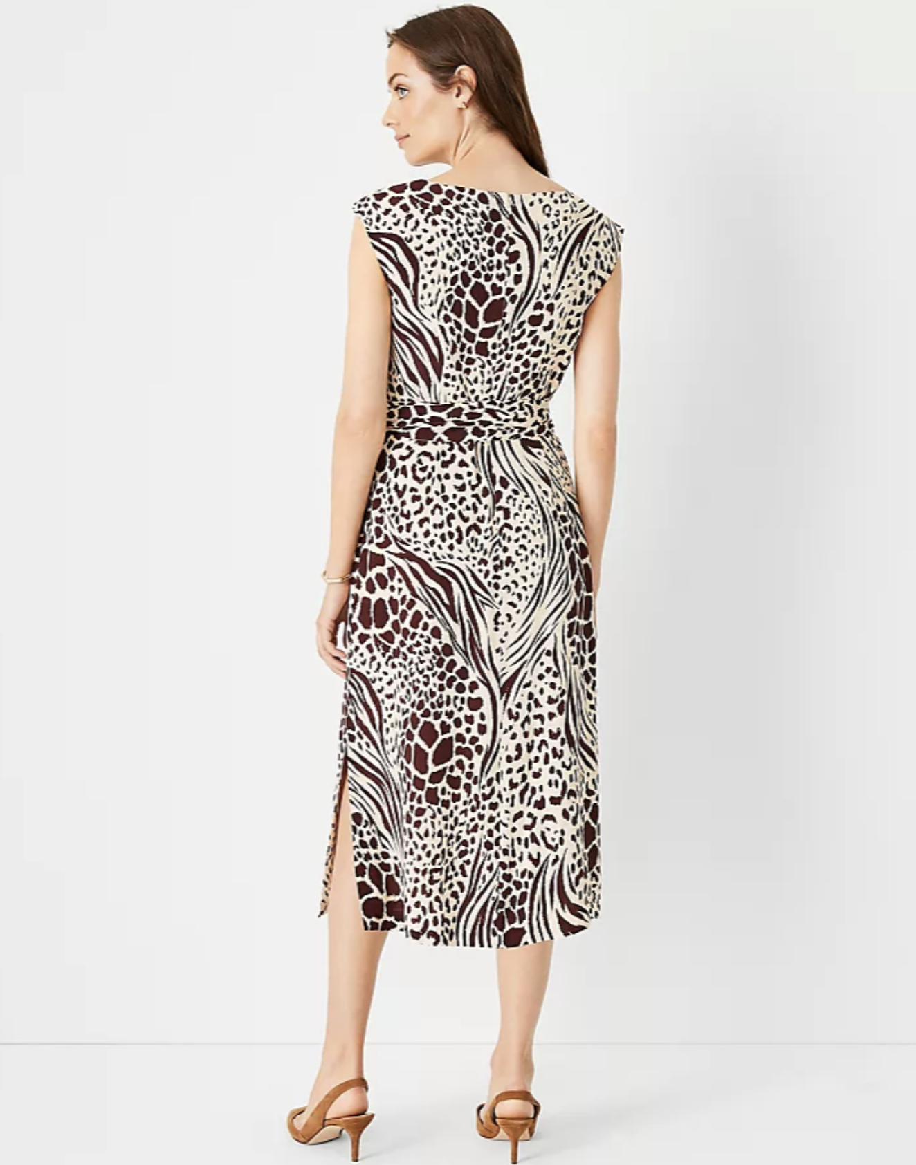 Ann Taylor Brown Beige Mixed Animal Print Tie Waist Midi Dress Size 12 Cheetah
