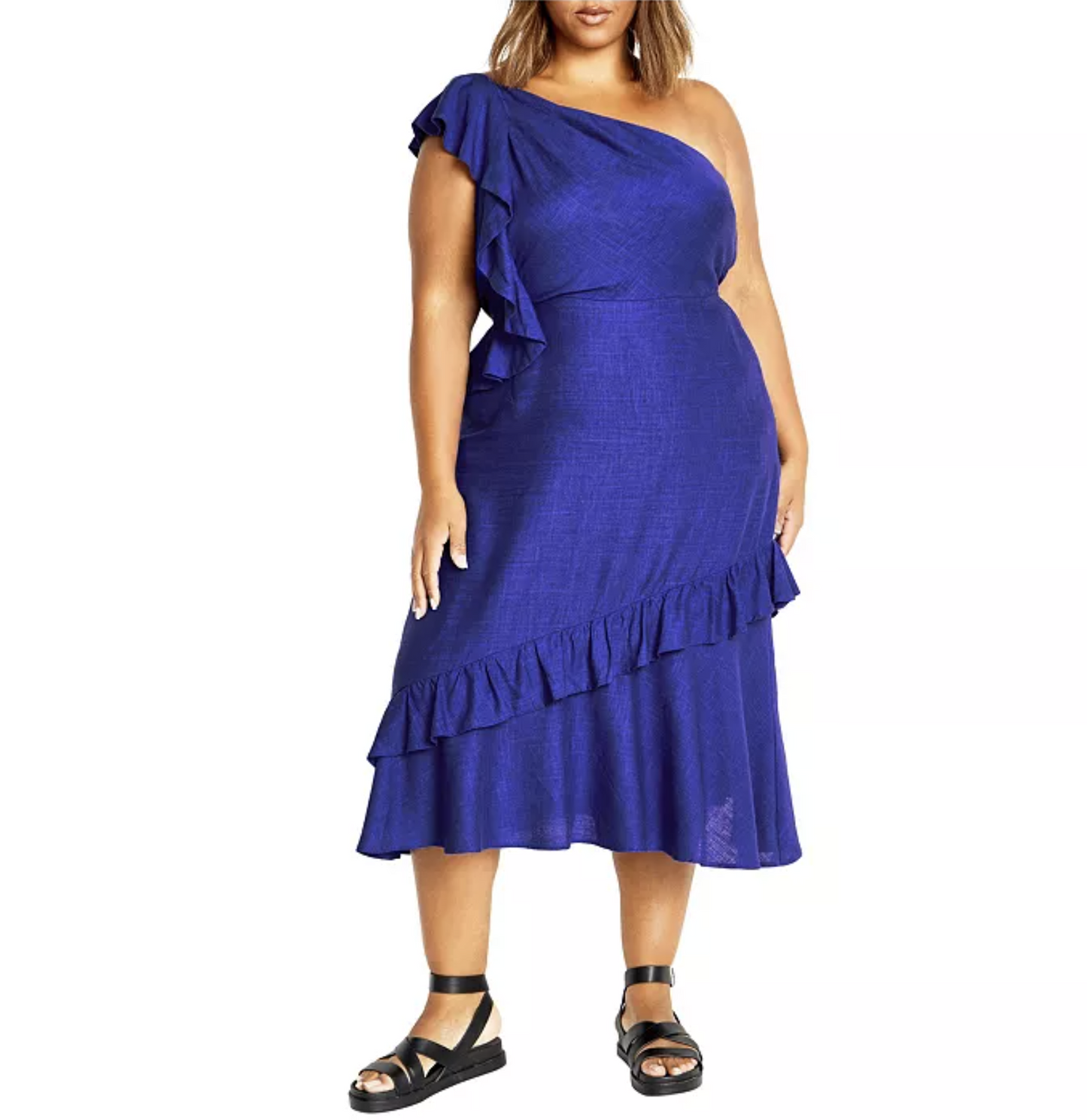 NWT City Chic Escapism Blue Ruffle One Shoulder Mid Maxi Dress Linen Size 16