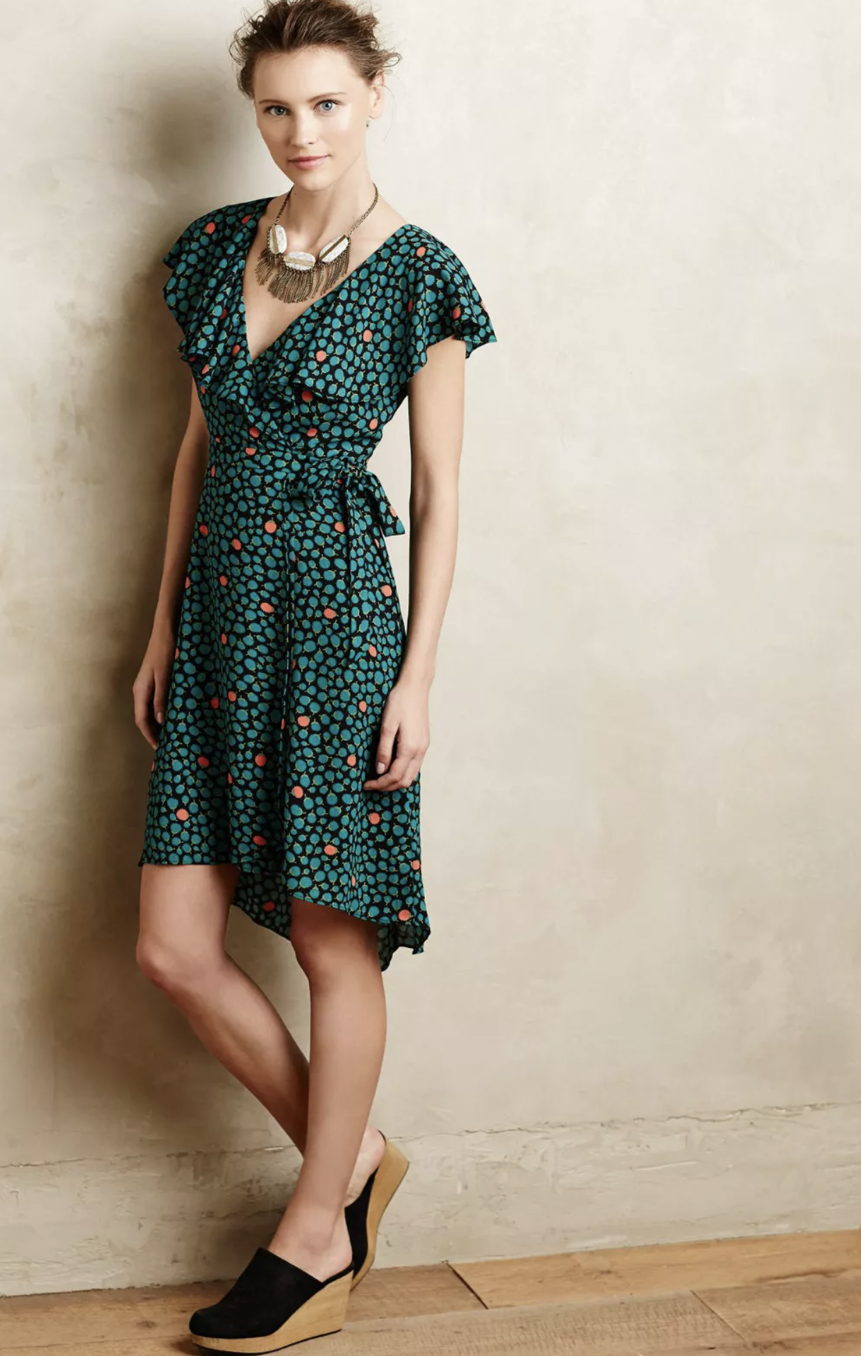 Hd in Paris Anthropologie Black Green Floral Faux Wrap Tie Ruffle Dress Size 4