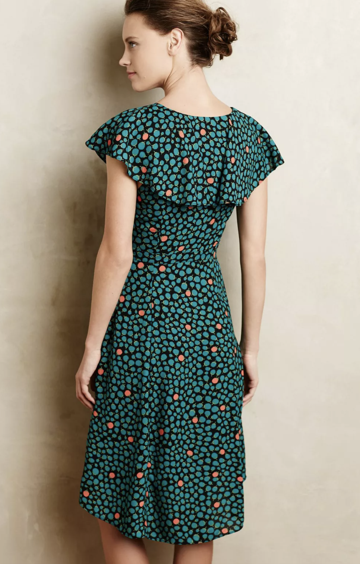 Hd in Paris Anthropologie Black Green Floral Faux Wrap Tie Ruffle Dress Size 4