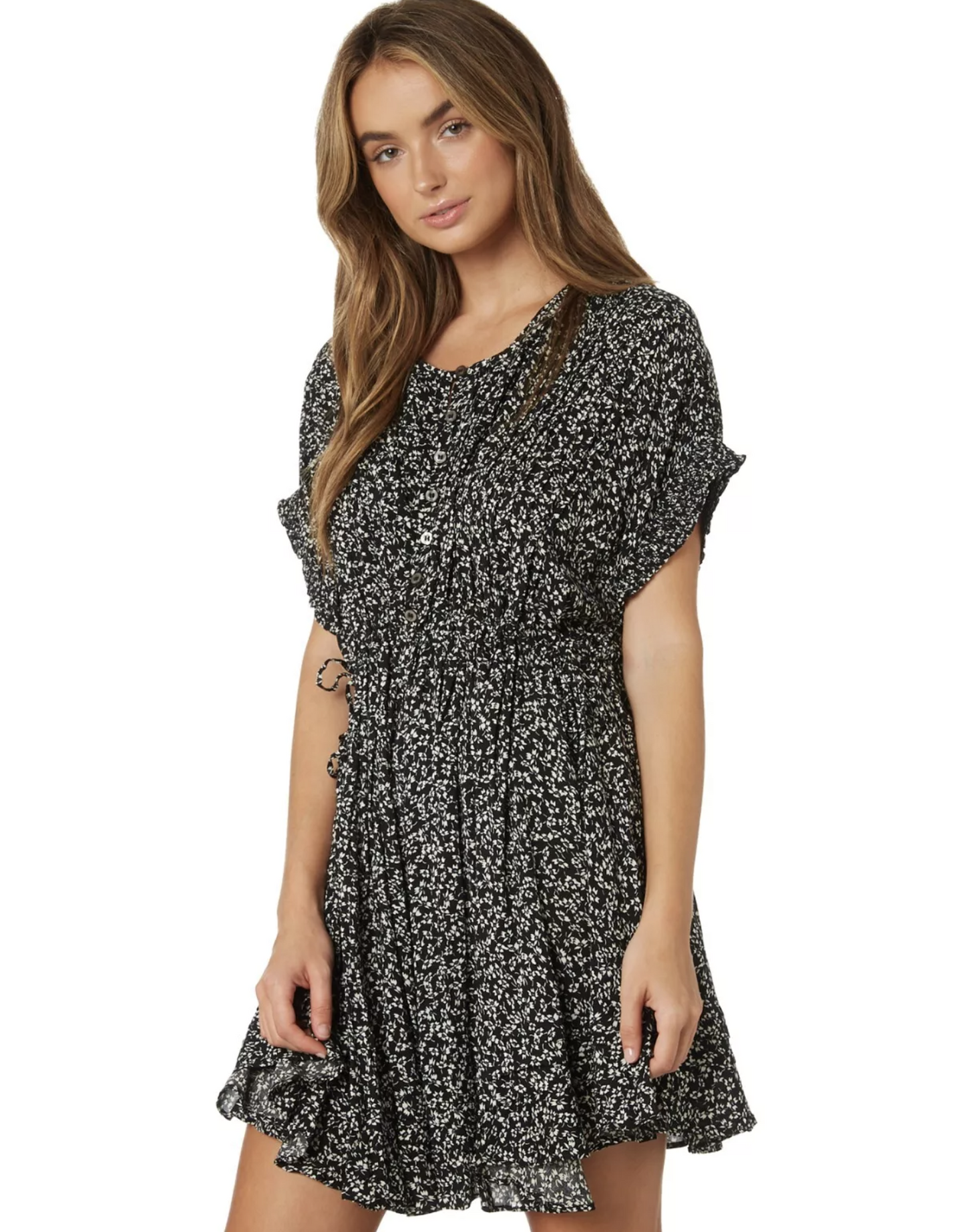 Free People One Fine Day Black White Ditsy Floral Mini Tunic Dress Size XS